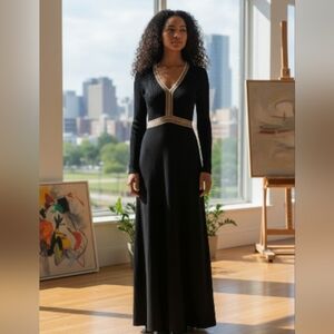 Vintage 1970s Algo Black Knit Maxi Dress With Gold Trim V Neck Top Long Sleeve